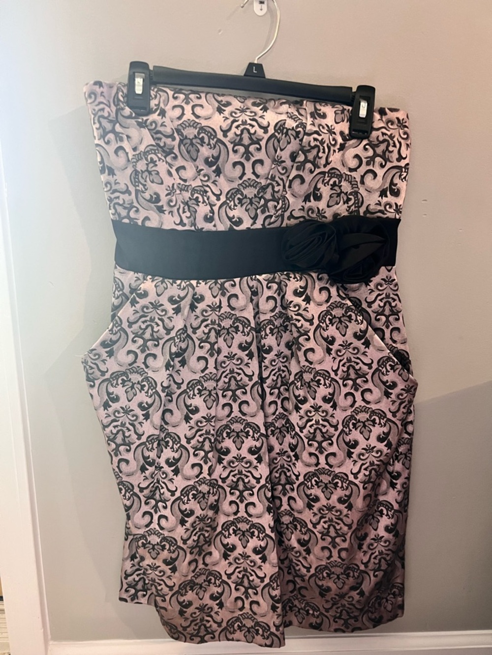 Strapless Pink and Black Damask Cocktail Dress